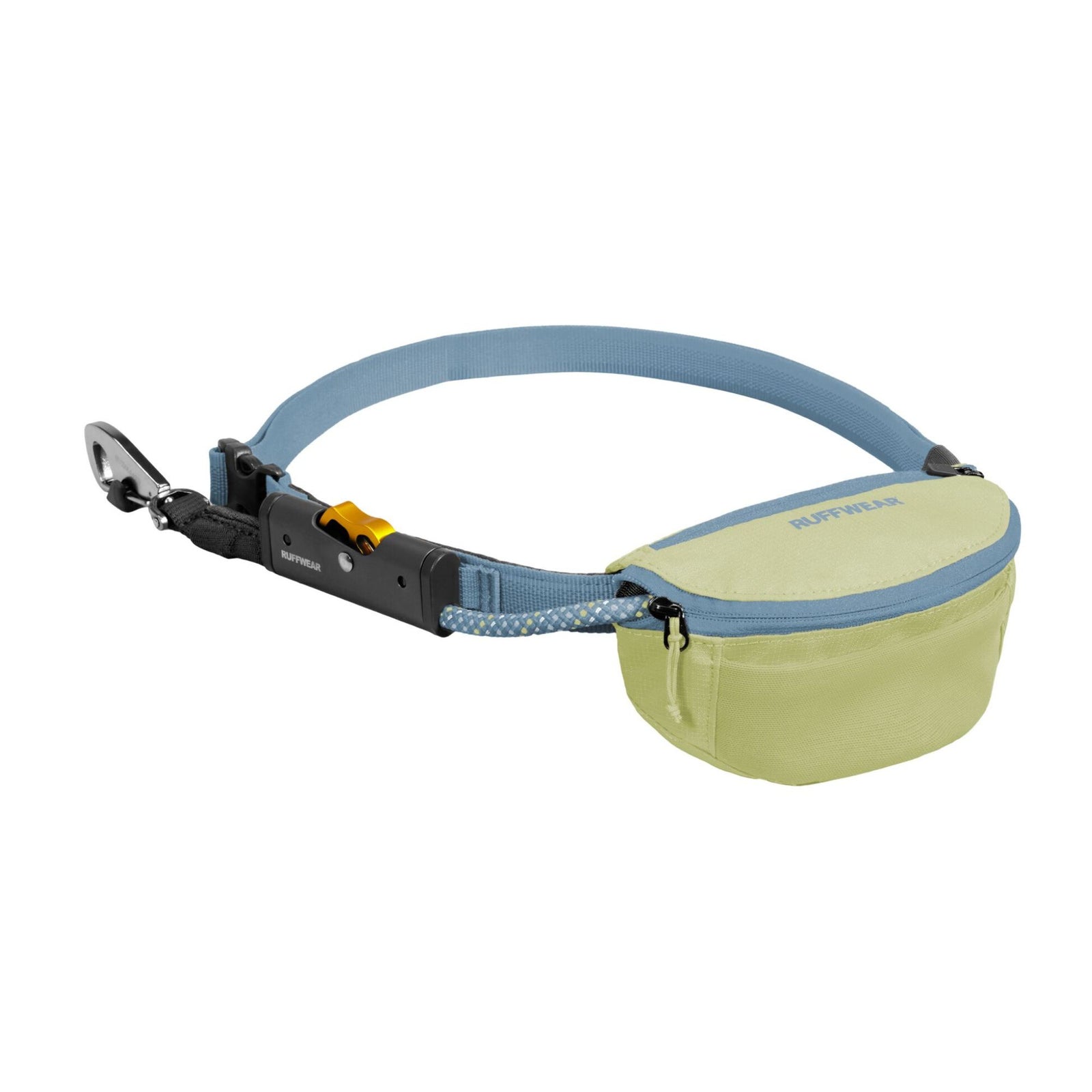 Ruffwear Hitch Hiker Dog Lead in Sunny Lime showing the stow bag, adjustable strap, HitchLock rope adjuster, and Crux Clip on a white background