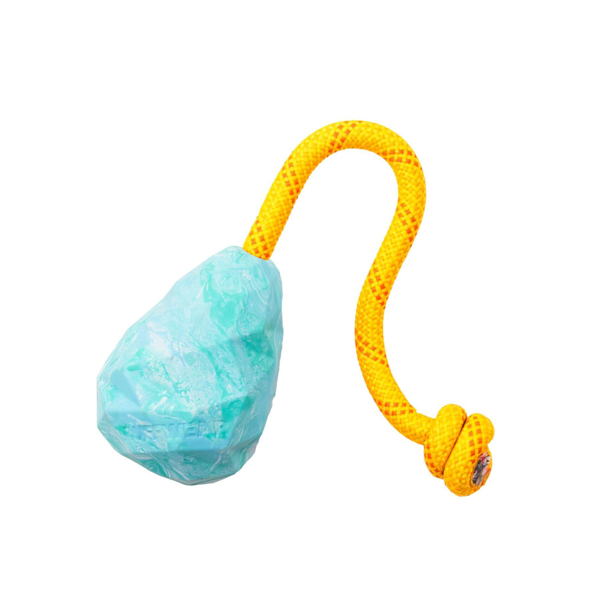Ruffwear Huck-a-Cone dog toy in Glacial Blue - faceted aqua natural latex rubber cone with bright yellow kernmantle rope handle, knotted end detail, on white background