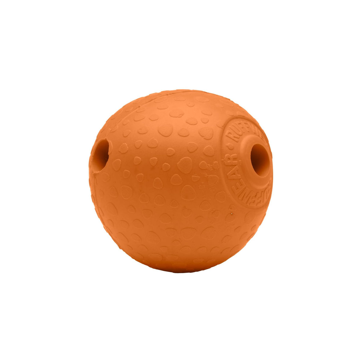 Ruffwear Huckama dog toy in Campfire Orange natural rubber, rounded shape with whistle holes and embossed Ruffwear logo, on white background