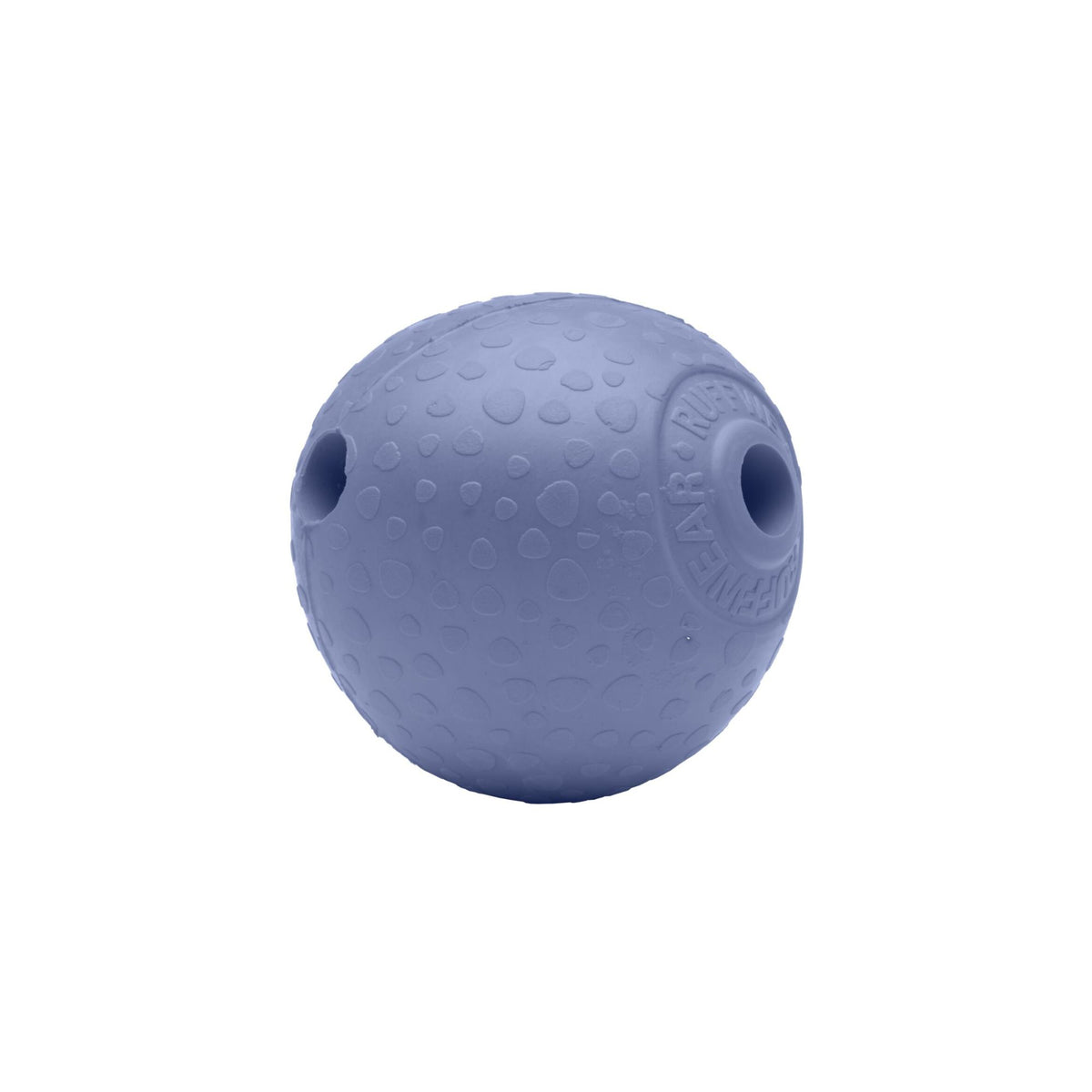 Ruffwear Huckama dog toy in Heliotrope Purple natural rubber, rounded shape with whistle holes and embossed Ruffwear logo, on white background