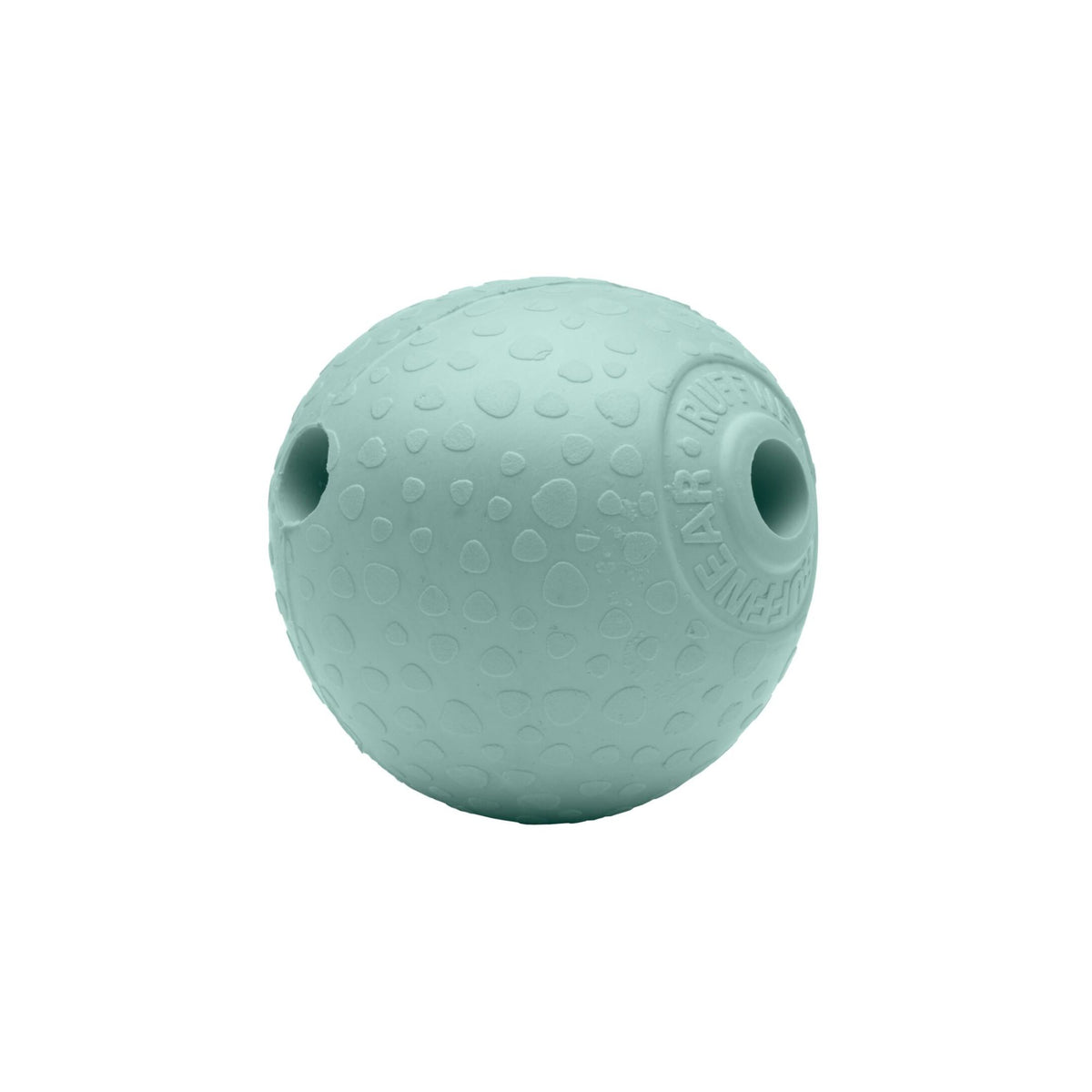 Ruffwear Huckama dog toy in Sage Green natural rubber, rounded shape with whistle holes and embossed Ruffwear logo, on white background