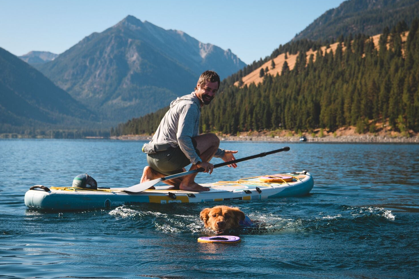 Golden retriever swimming in a mountain lake towards the Ruffwear Hydro Plane disc toy in Purple Orchid floating on the water's surface, with owner crouching on a paddleboard encouraging the dog, pine-forested mountains in the background