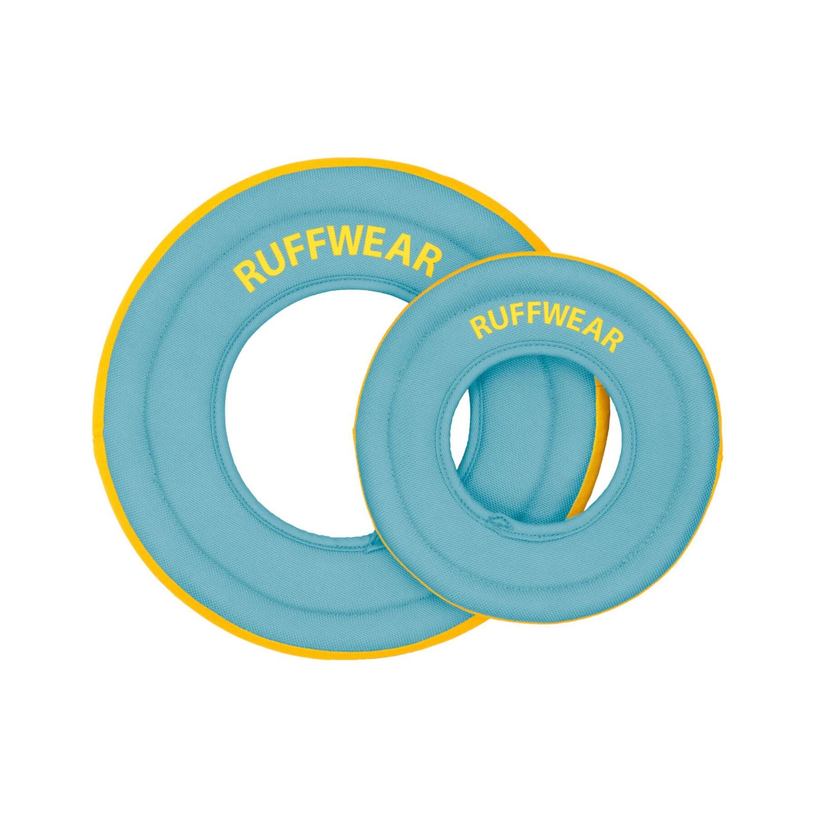 Ruffwear Hydro Plane floating dog disc toy shown in two sizes - Large and Medium in Biolumin Blue with soft blue nylon top, vivid yellow foam rim and yellow Ruffwear logo, on white background