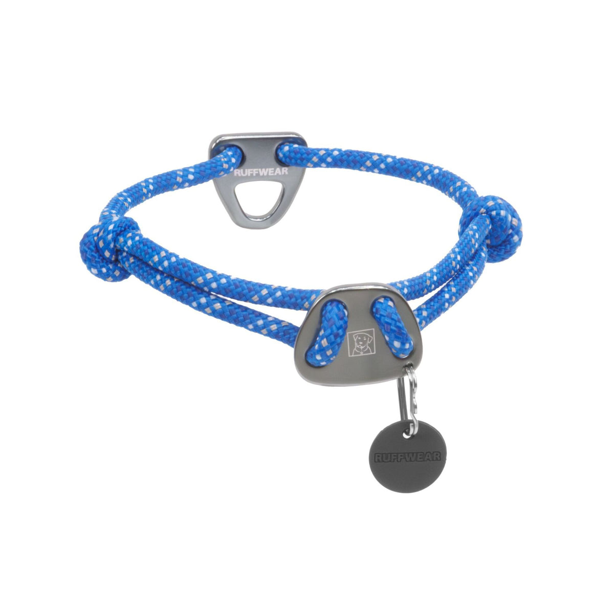 Ruffwear Knot-a-Collar dog collar in Blue Pool, showing aluminium V-ring, belay plate, fisherman's knots and silicone tag silencer on white background