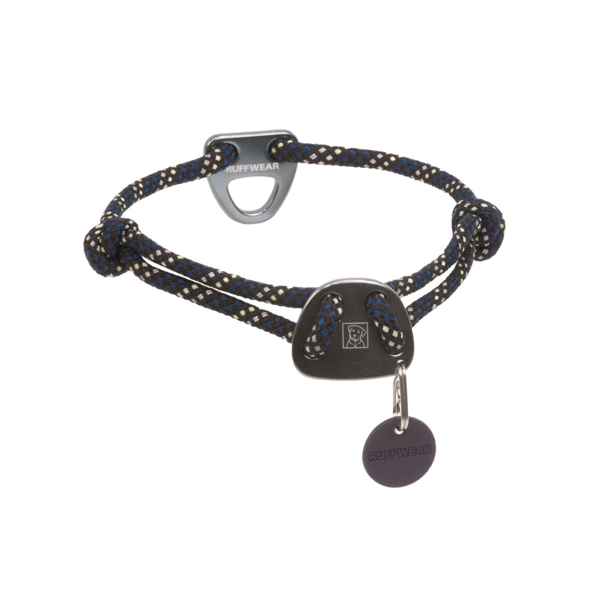Ruffwear Knot-a-Collar dog collar in Obsidian Black, showing aluminium V-ring, belay plate, fisherman's knots and silicone tag silencer on white background