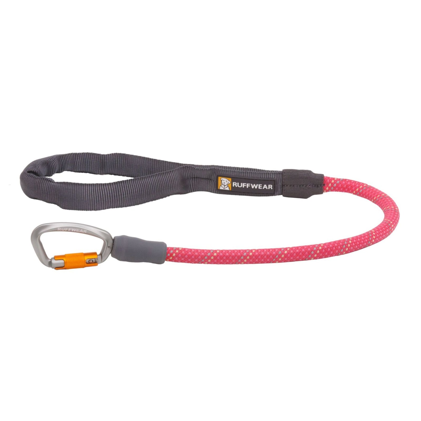 Ruffwear Knot-a-Long leash in Fireweed Pink showing the kernmantle rope, padded handle, and Crux Clip on a white background