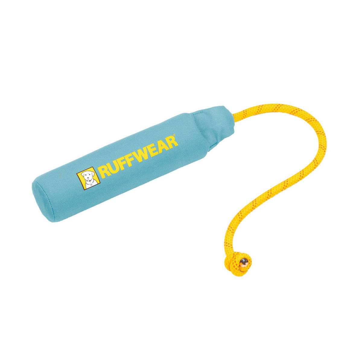 Ruffwear Lunker floating fetch toy in Biolumin Blue - soft sky blue cylindrical foam body with yellow kernmantle rope handle and Ruffwear logo, on white background