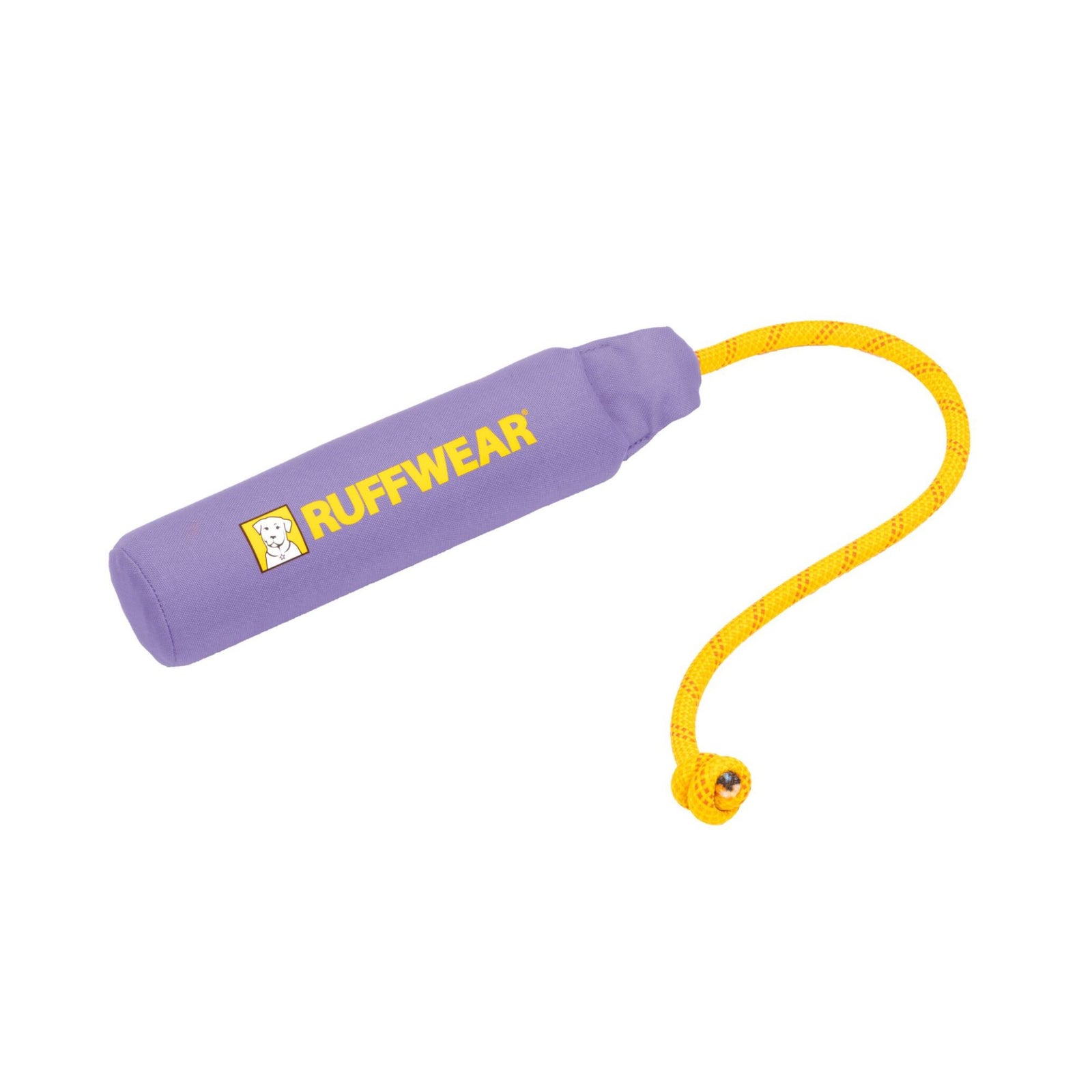 Ruffwear Lunker floating fetch toy in Purple Orchid - soft lavender cylindrical foam body with yellow kernmantle rope handle and Ruffwear logo, on white background