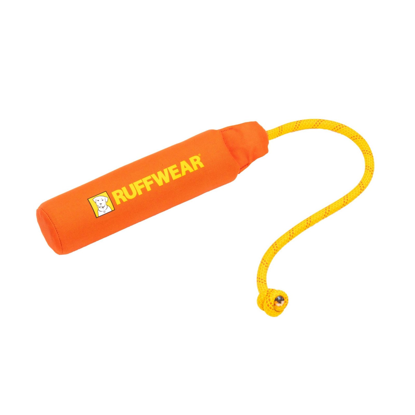Ruffwear Lunker floating fetch toy in Purple Orchid - soft lavender cylindrical foam body with yellow kernmantle rope handle and Ruffwear logo, on white background