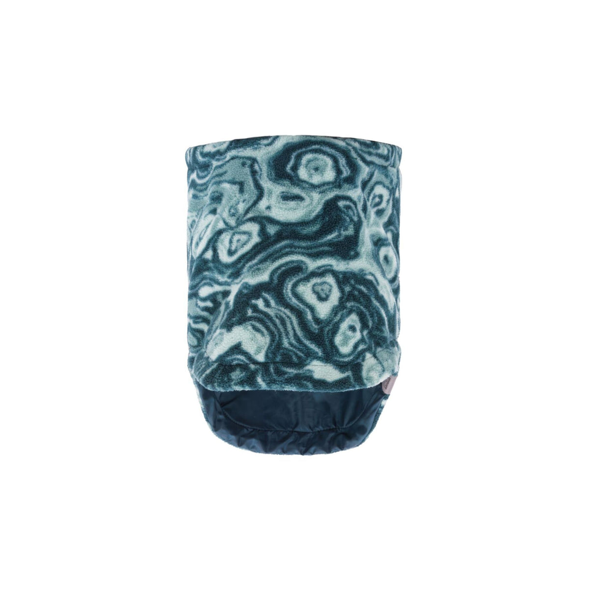 Ruffwear Mt. Hoodie dog neck gaiter in Deep Teal - front-on view showing the full gaiter height and stone-pattern fleece detail