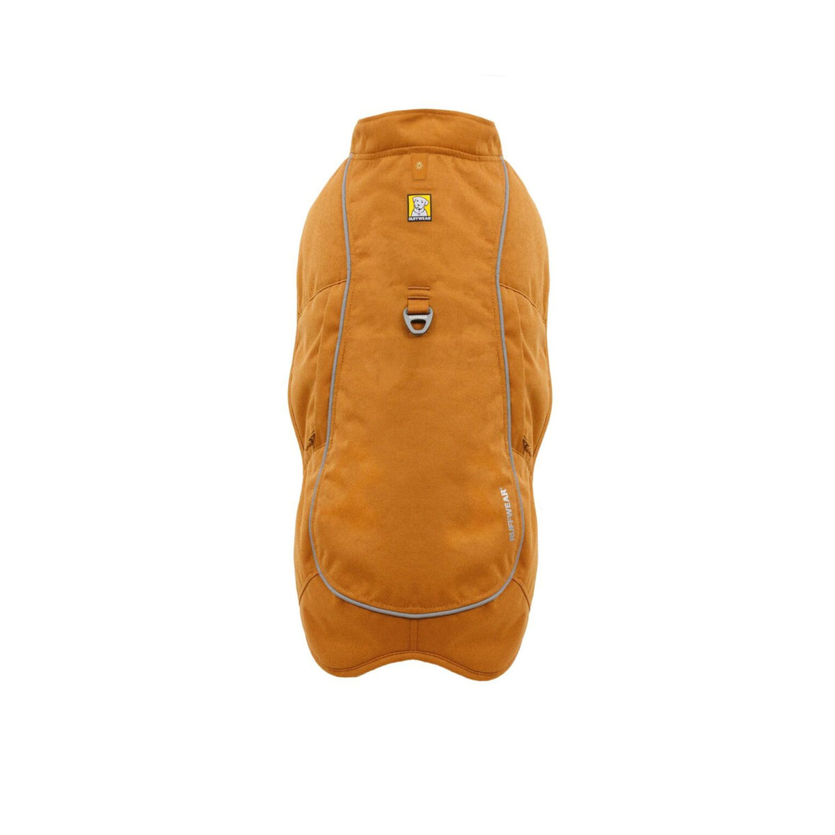 Ruffwear Overcoat Fuse dog harness vest in Brown Bear, back view showing aluminium V-ring leash attachment point, reflective strips and Beacon LED dog light attachment.