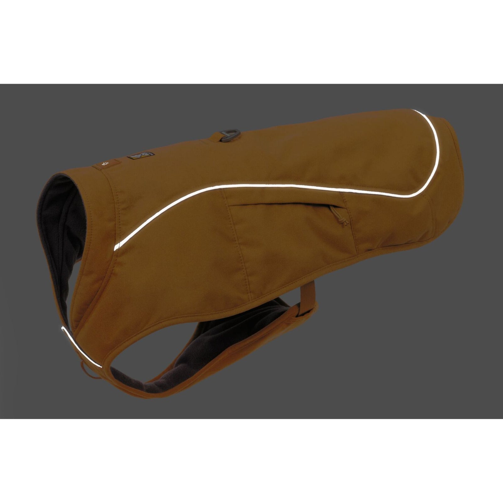 Ruffwear Overcoat Fuse dog harness vest reflective accents shown in low-light conditions for night walking visibility