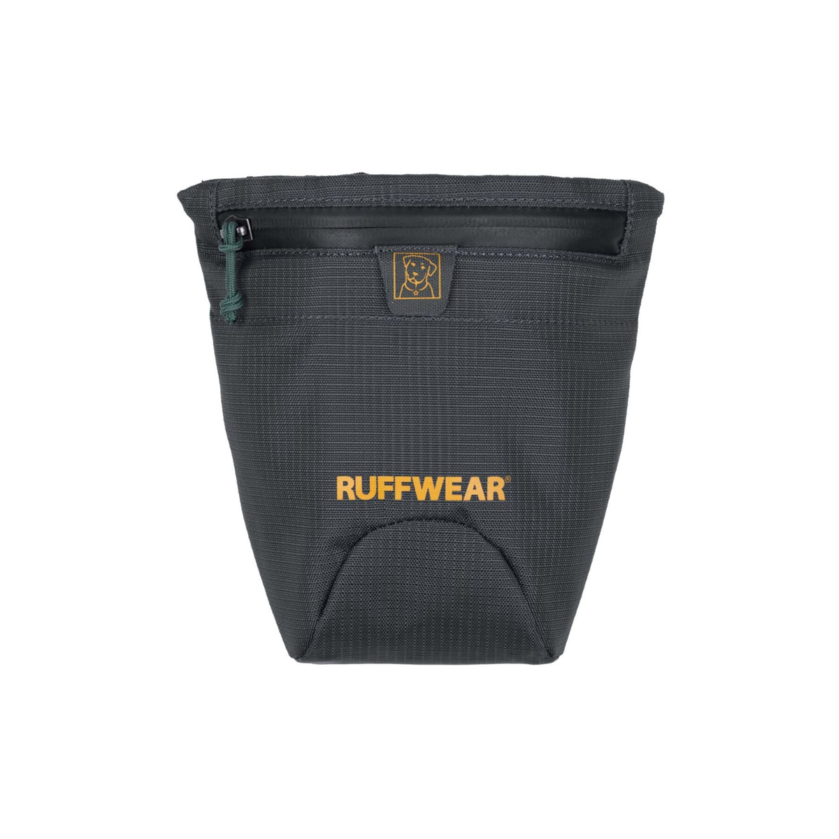 Ruffwear Pack Out Bag dog waste carrier in Basalt Gray against a white background, closed, showing the trapezoid silhouette, water-resistant zipper with teal pull tab, embroidered Ruffwear dog logo badge, gold Ruffwear wordmark, and the curved pick-up bag dispenser pocket at the base