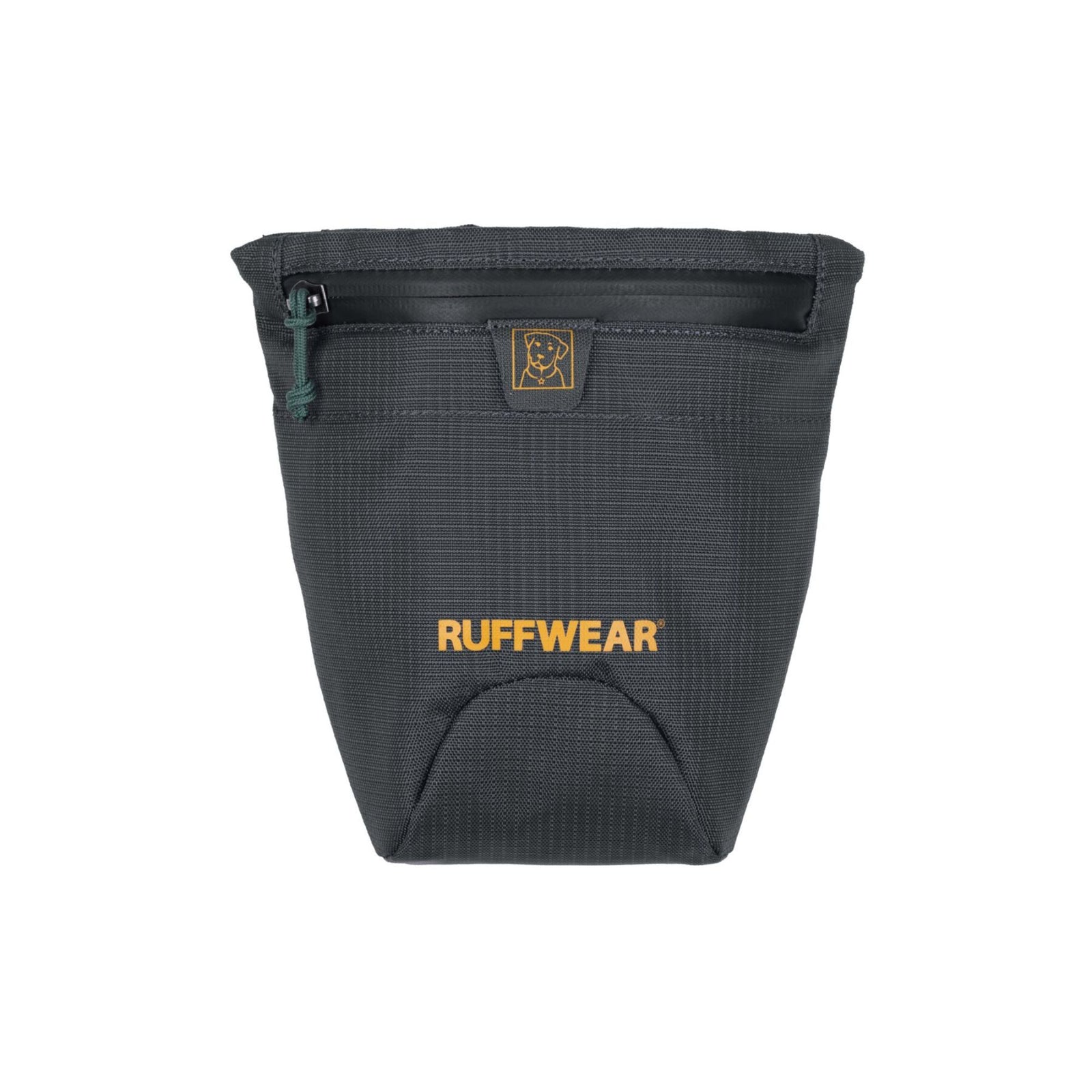 Ruffwear Pack Out Bag dog waste carrier in Basalt Gray against a white background, closed, showing the trapezoid silhouette, water-resistant zipper with teal pull tab, embroidered Ruffwear dog logo badge, gold Ruffwear wordmark, and the curved pick-up bag dispenser pocket at the base