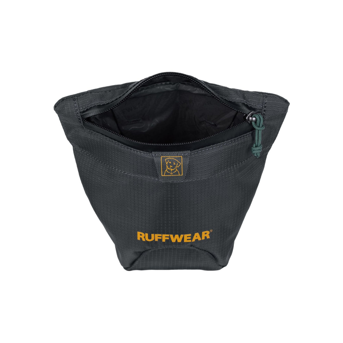 Ruffwear Pack Out Bag dog waste carrier in Basalt Gray against a white background, open, showing the full width of the zippered opening, black waterproof interior lining, teal zip pull, and the structured shape of the bag at full capacity