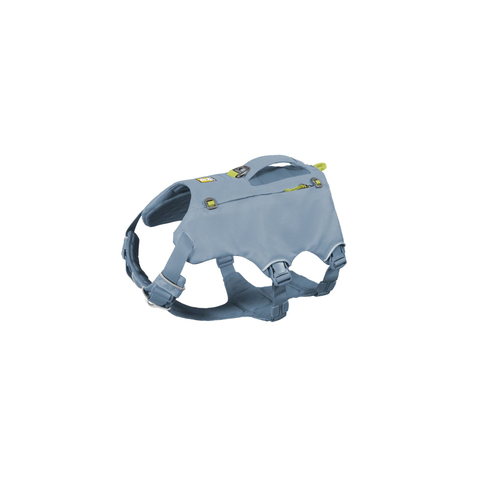 Ruffwear Palisades Pack harness chassis in Glacier Lake, three-quarter view with saddlebags removed showing standalone harness fit and leash attachment points