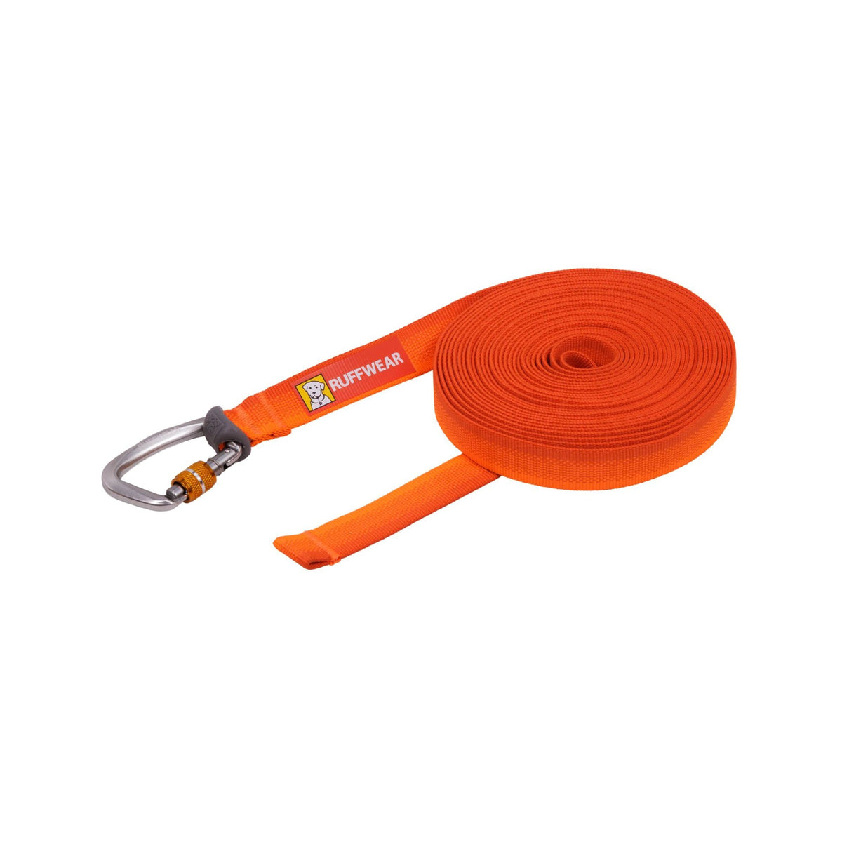 Ruffwear Rogue Long Line coiled on a white background in Blaze Orange, with the lockable anodized aluminium screwgate carabiner and Ruffwear branding visible on the webbing
