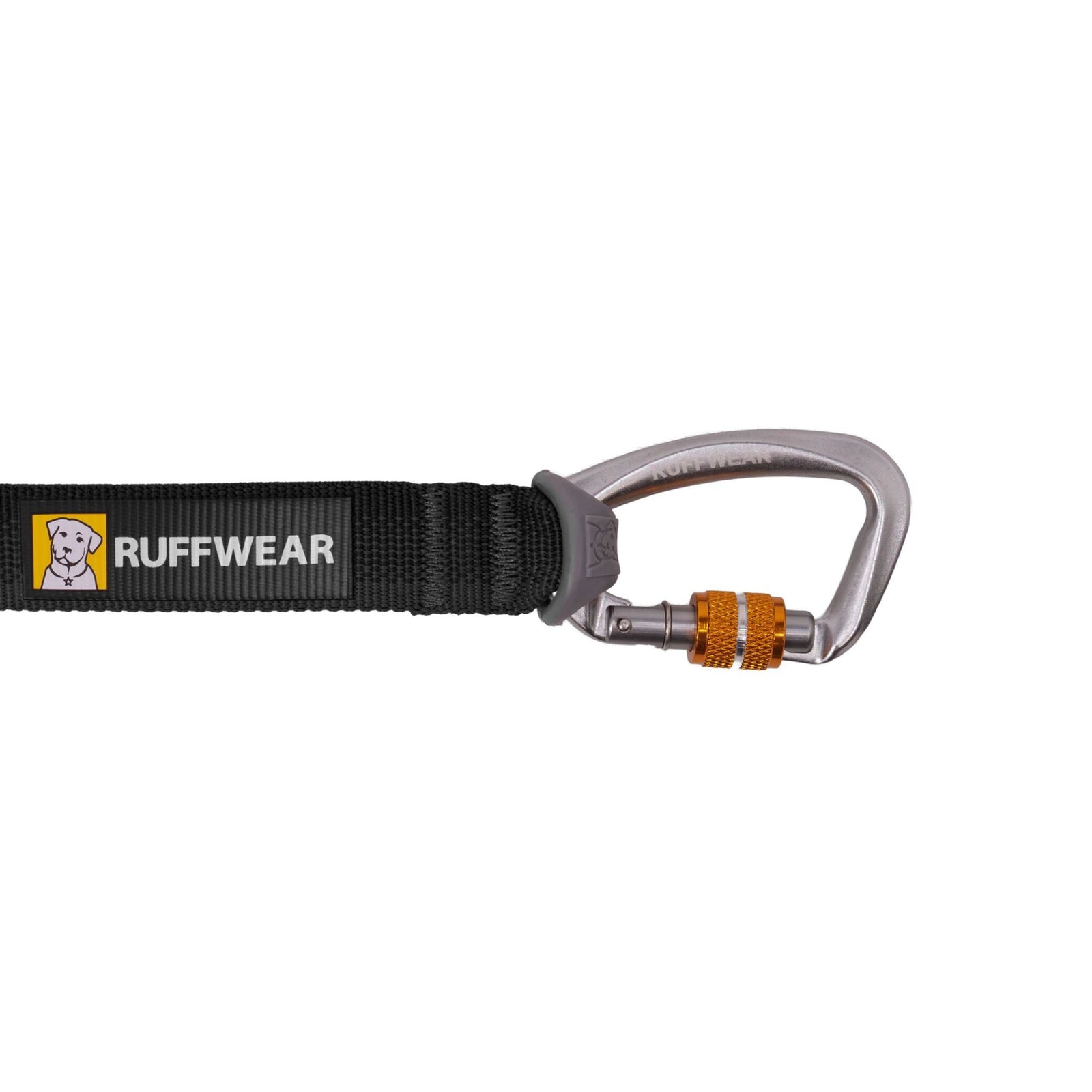 Close-up of the Ruffwear Rogue Long Line in Basalt Gray showing the anodized aluminium screwgate carabiner with orange locking collar, attached to the flat Tubelok webbing with Ruffwear logo label