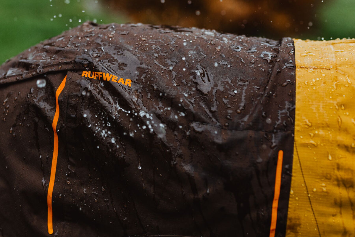 Close-up of Ruffwear Sun Shower Jacket fabric showing water resistance