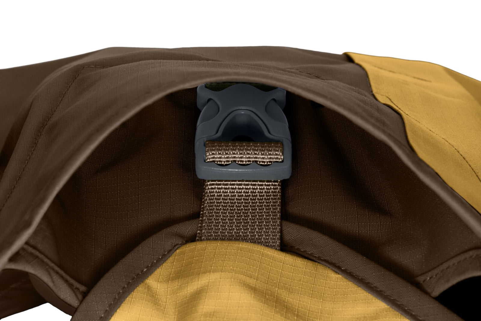 Ruffwear Sun Shower Jacket in Earth Brown showing side-release buckle and fastening detail