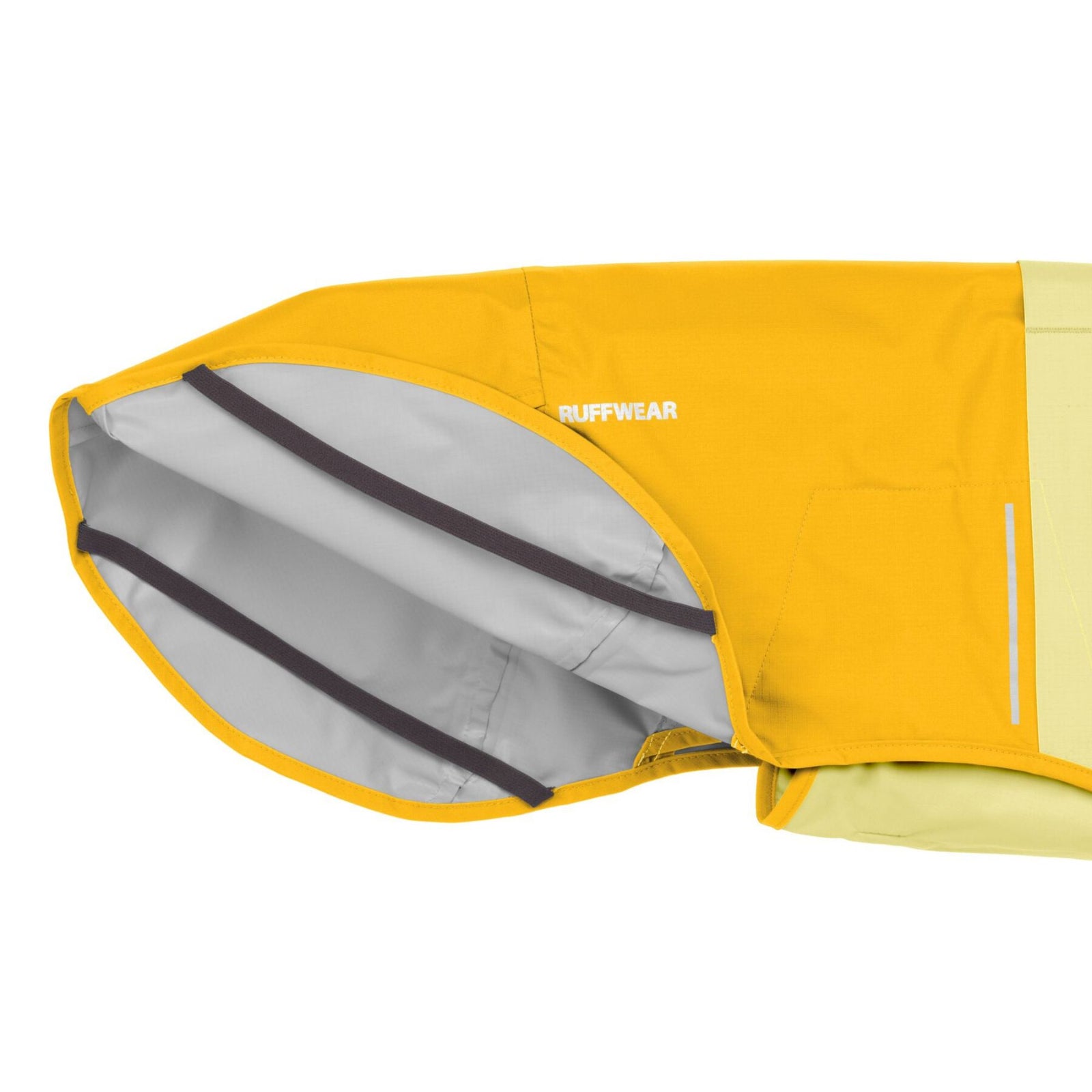 Ruffwear Sun Shower Jacket in Mineral Yellow, underside view showing leg loops