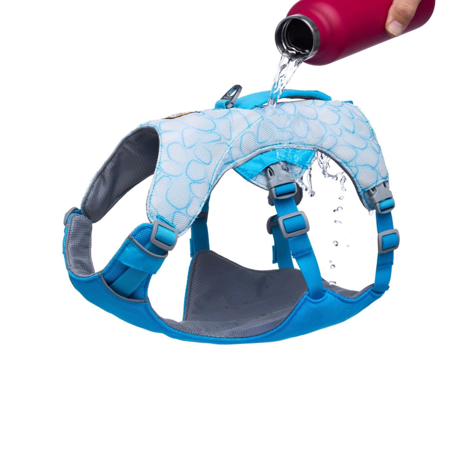 Ruffwear Swamp Cooler Harness Biolumin Blue, detail of water bottle and leash ring
