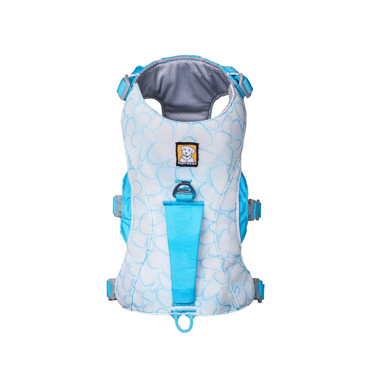 Ruffwear Swamp Cooler Harness Biolumin Blue, top-down view showing back panel and handle