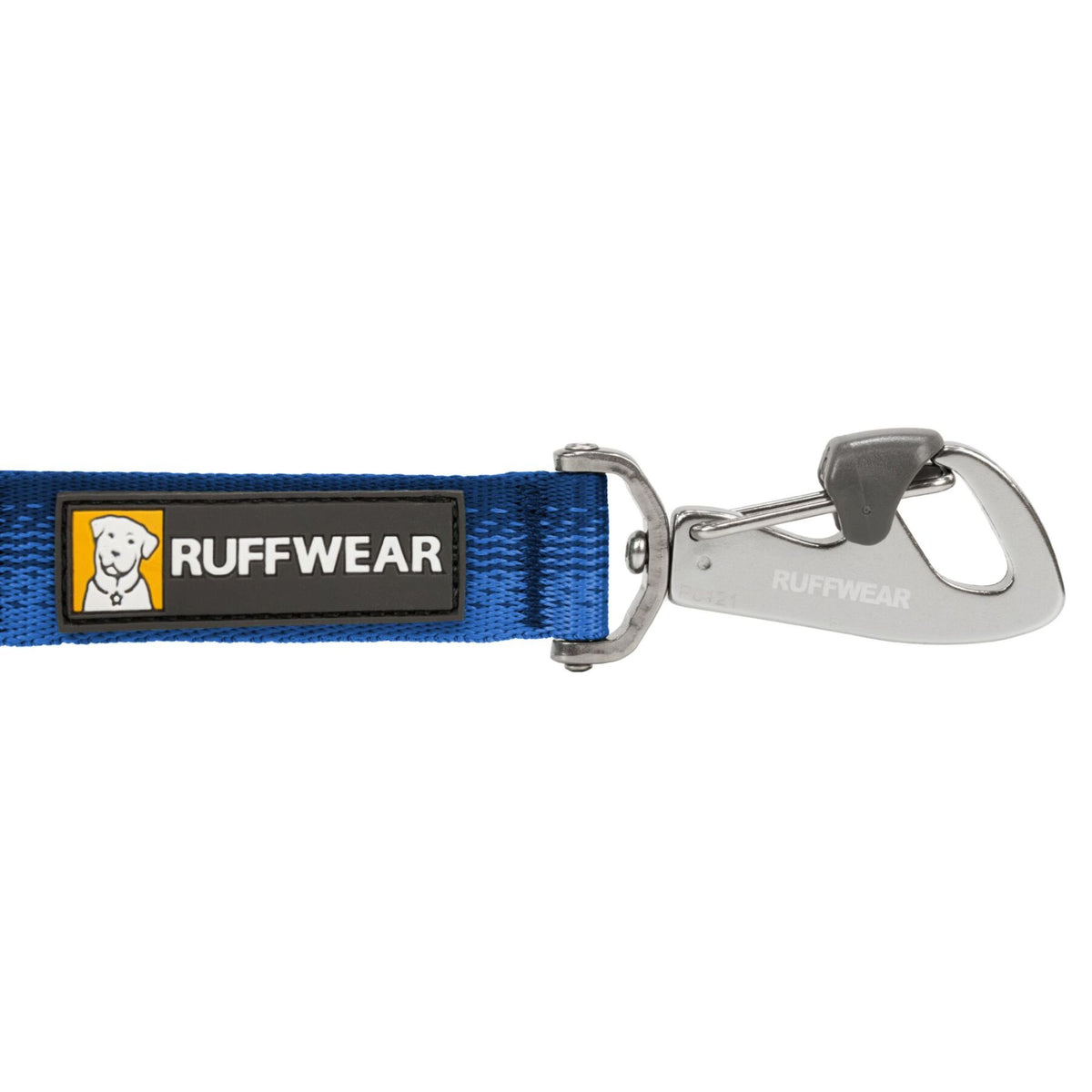 Ruffwear Switchbak Crux Clip close-up showing auto-locking mechanism in Orion Blue