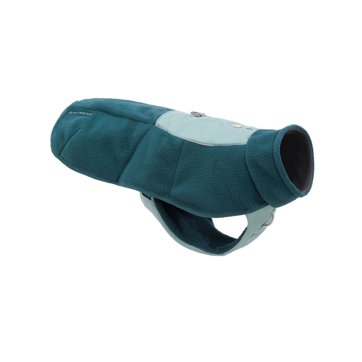 Ruffwear Timberline Fuse fleece vest in Deep Teal, side view on white background - built-in harness fleece dog coat for autumn and early season walks