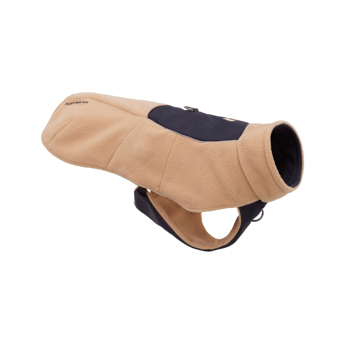 Ruffwear Timberline Fuse fleece vest in Driftwood, side view on white background - built-in harness fleece dog coat for mild to cool weather walks