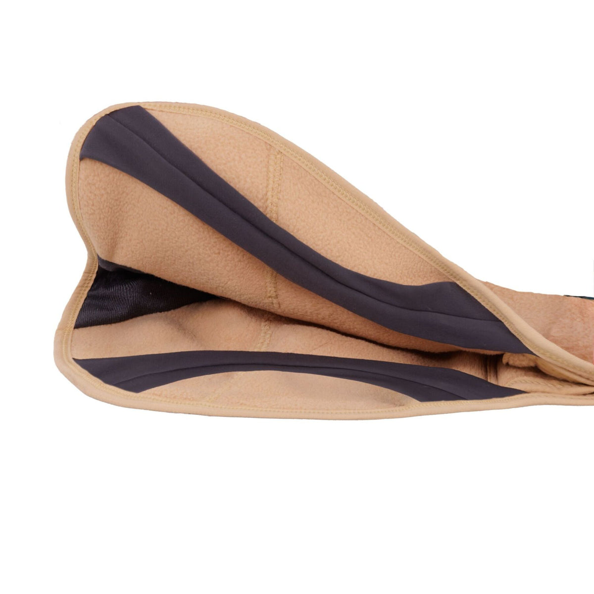 Ruffwear Timberline Fuse fleece vest in Driftwood, underside view showing stretch leg loops for a secure and comfortable fit
