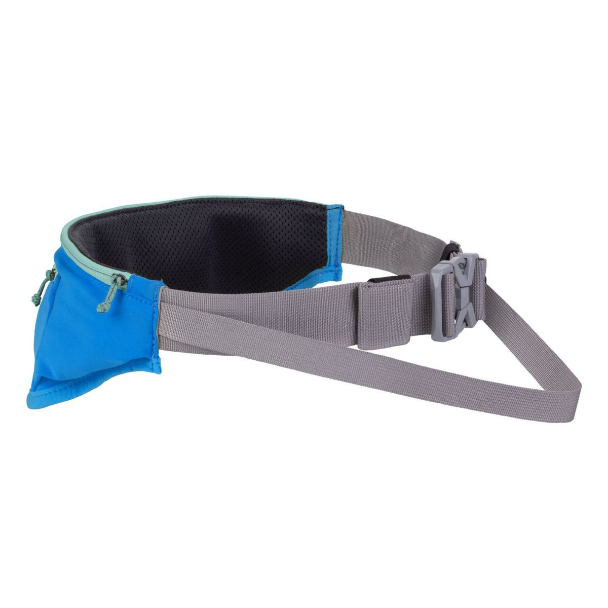Ruffwear Trail Runner Belt in Blue Pool, flat lay against a white background showing the lay-flat padded design, stretch zippered side pocket, grey adjustable waist strap, and ITW Nexus buckle