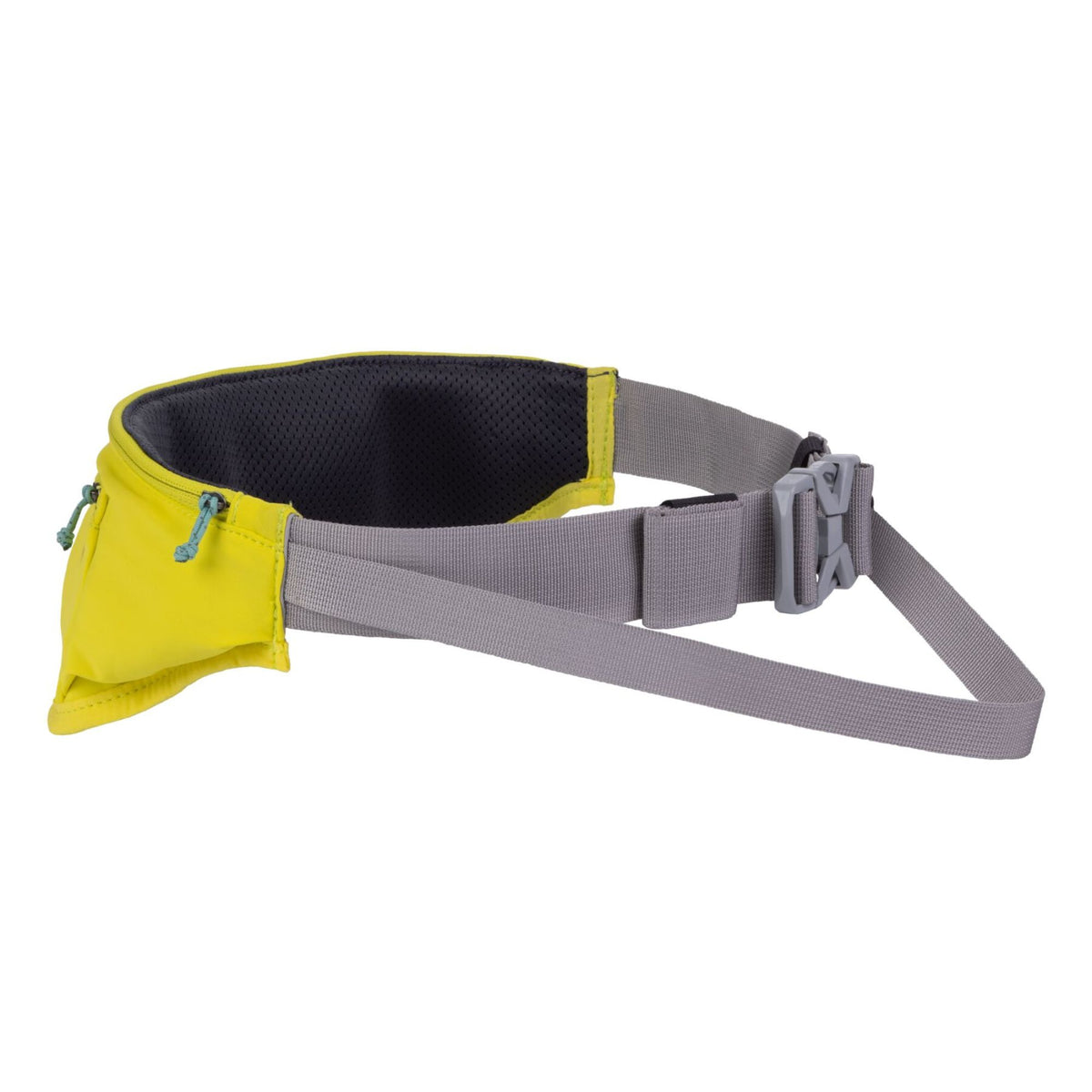 Ruffwear Trail Runner Belt in Lichen Green, flat lay against a white background showing the lay-flat padded design, stretch zippered side pocket with teal zip pull, grey adjustable waist strap, and ITW Nexus buckle