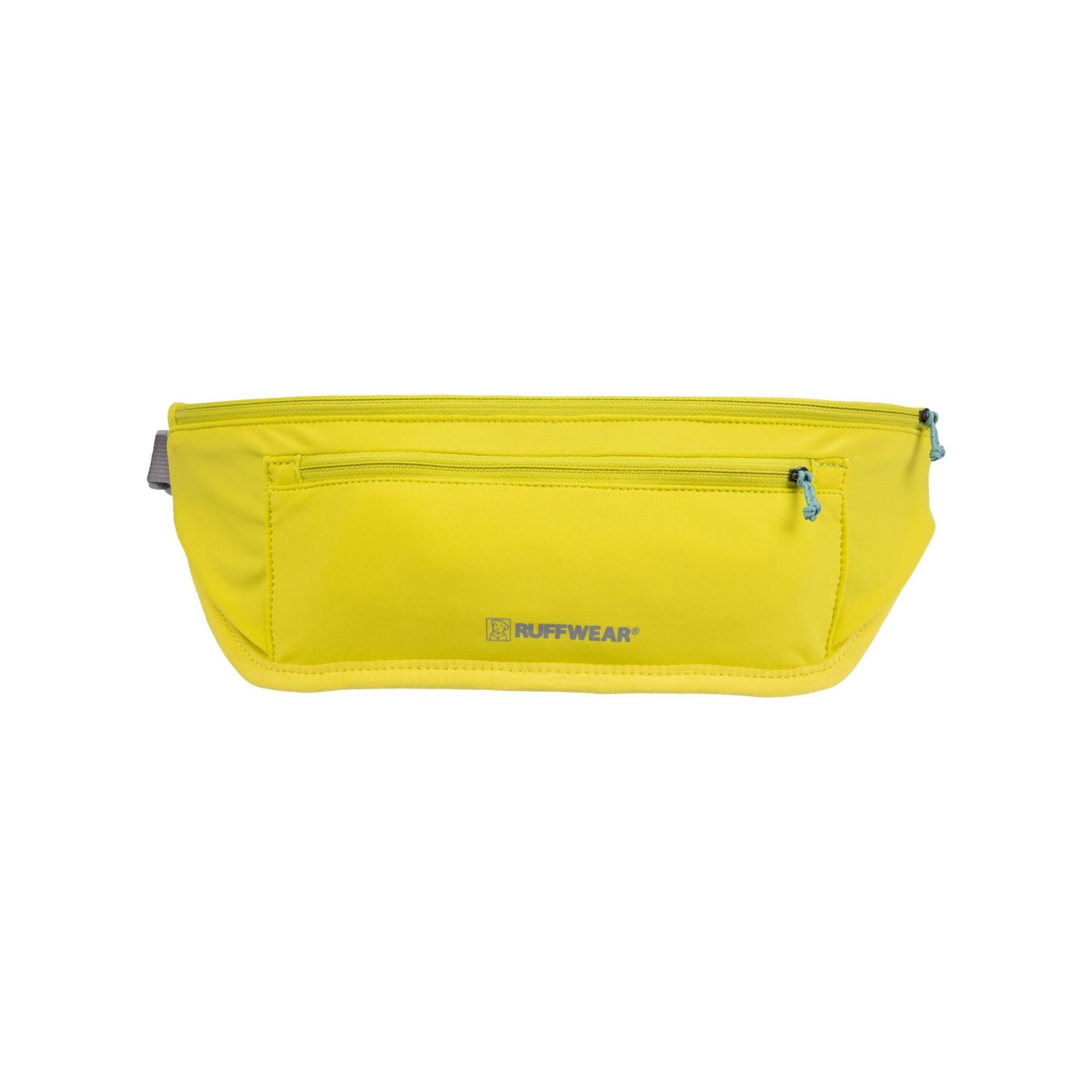 Ruffwear Trail Runner Belt in Lichen Green, front view against a white background showing the two zippered pockets, teal zip pulls, Ruffwear logo, and grey adjustable waist strap