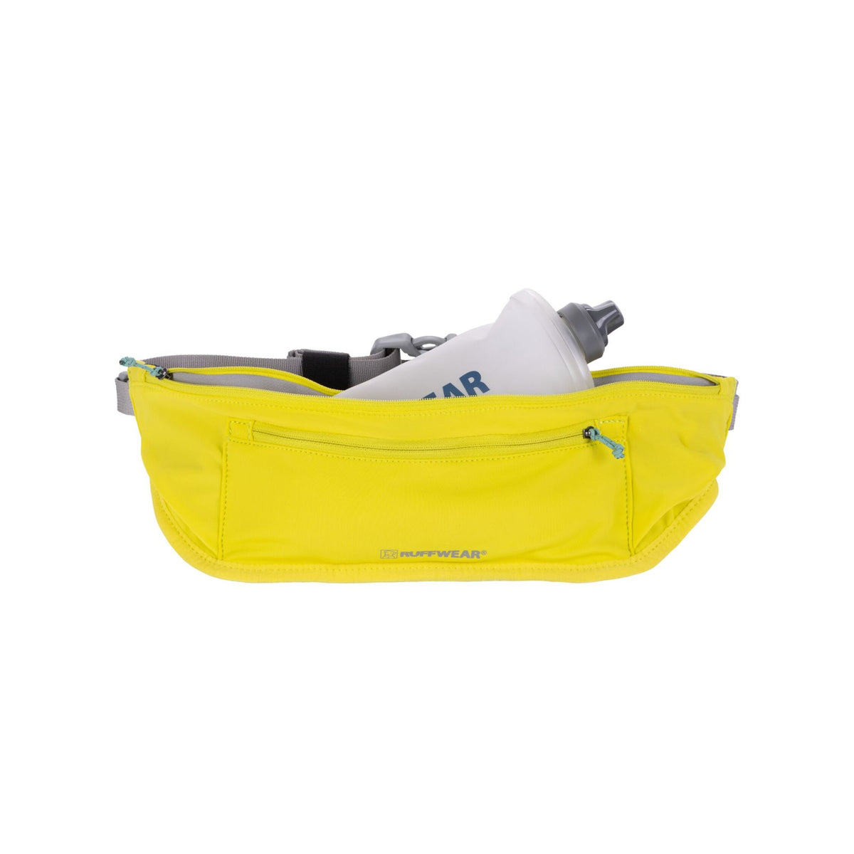 Ruffwear Trail Runner Belt in Lichen Green loaded with a soft flask and additional items in the open main pocket, against a white background showing the stretch capacity of the zippered storage
