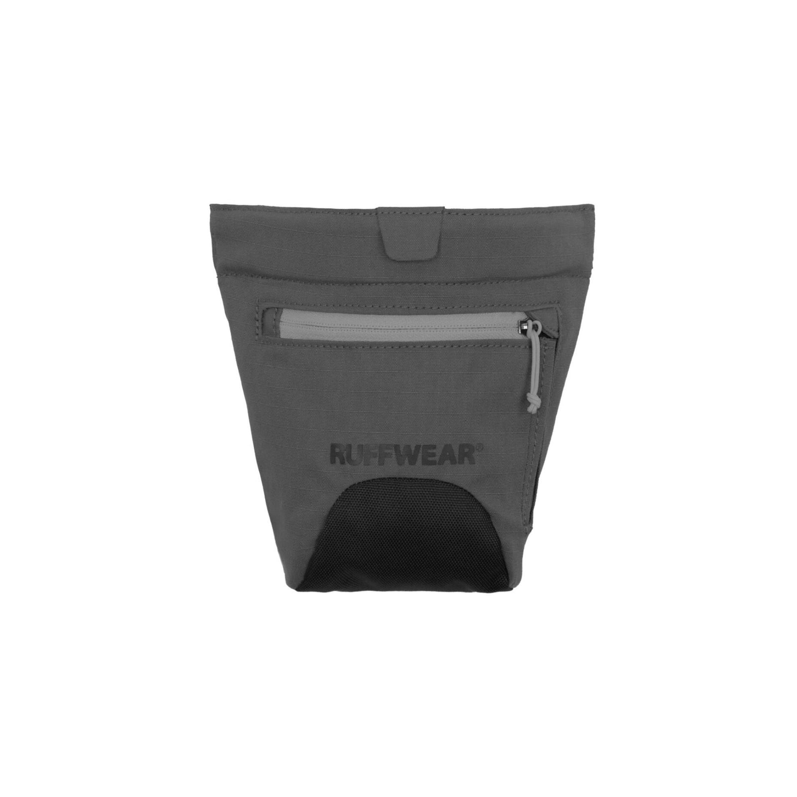 Ruffwear Treat Trader treat pouch in Brown Bear, front view on a white background showing the magnetic closure flap, yellow zippered outer pocket, Ruffwear logo, and dark brown mesh treat access opening