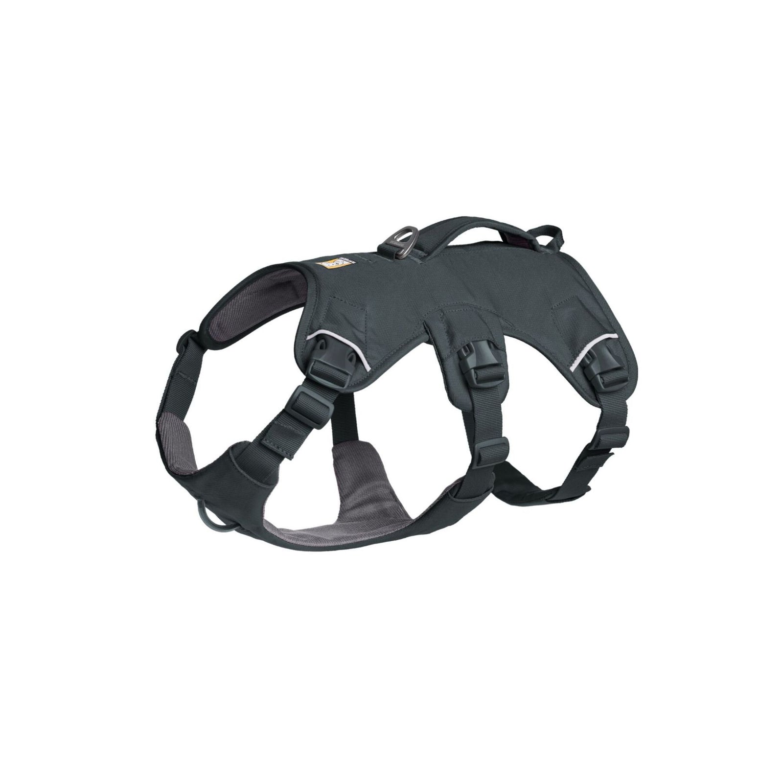 Ruffwear Web Master harness in Basalt Gray, front view showing chest strap, neck buckle, and adjustment points