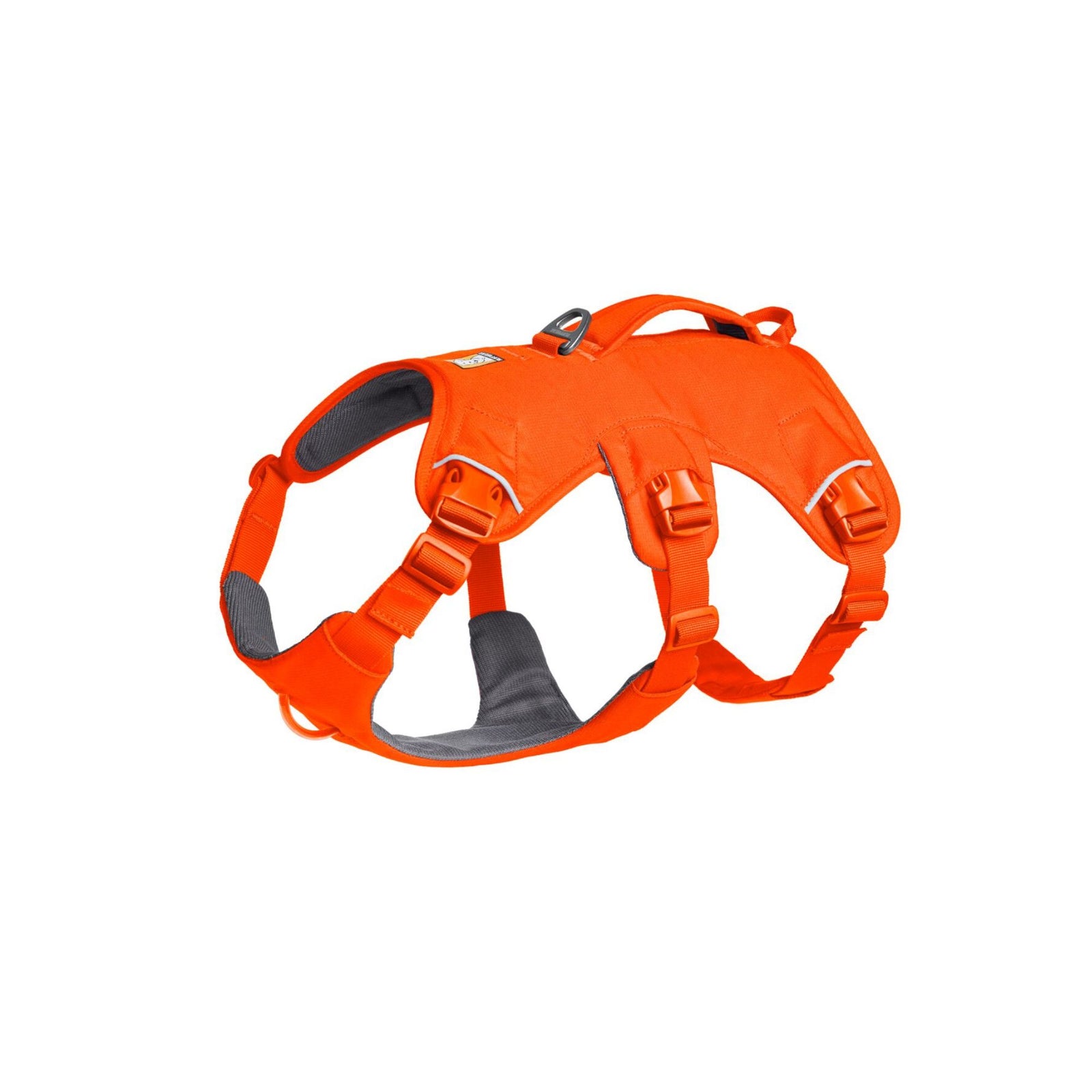 Ruffwear Web Master harness in Blaze Orange, front view showing chest strap, neck buckle, and adjustment points