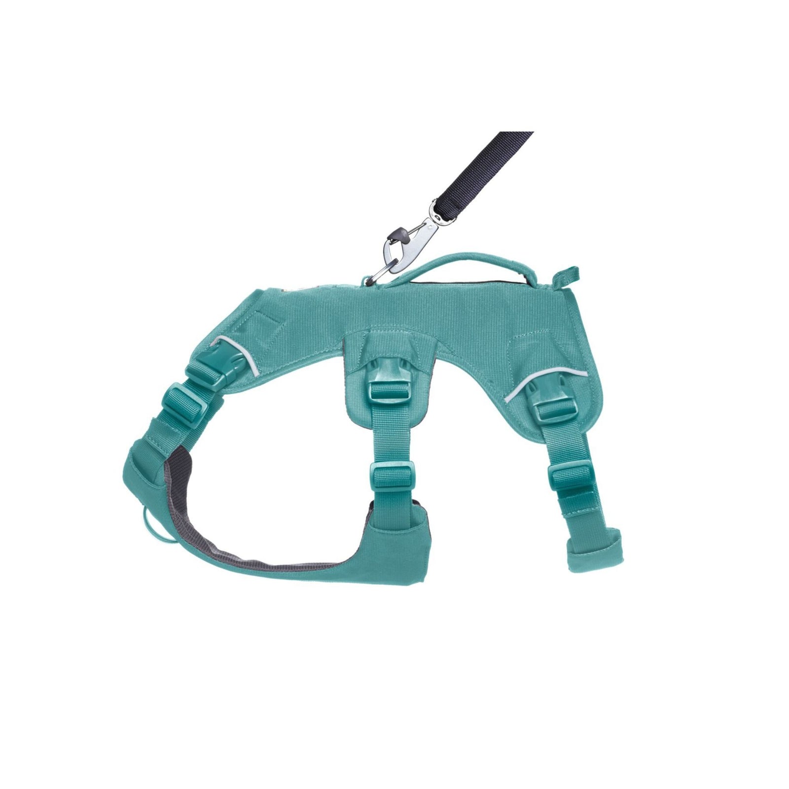 Ruffwear Web Master harness in River Rock Green, side profile with lead attached on white