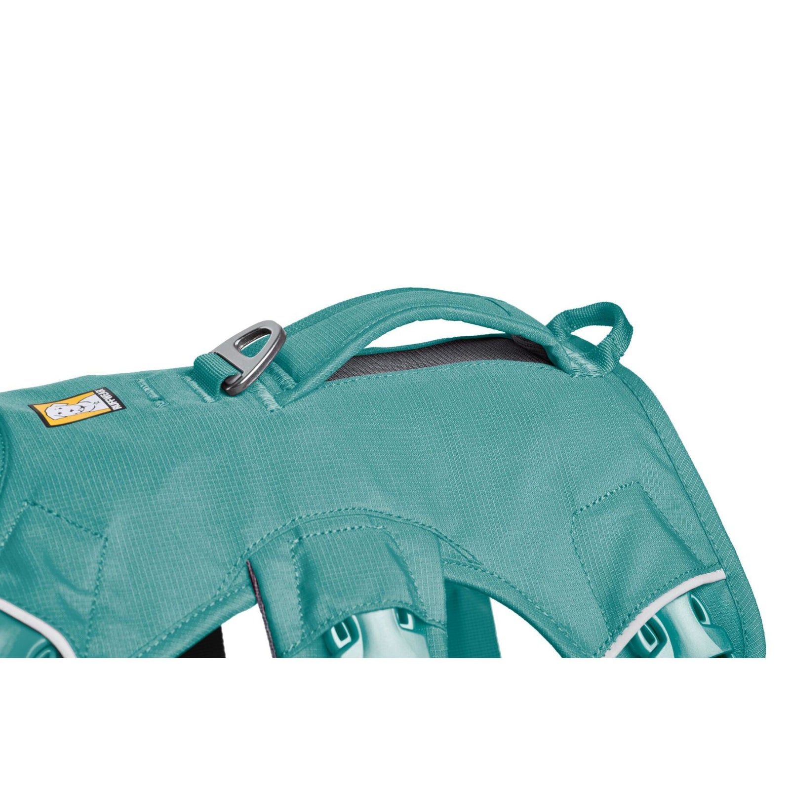 Close-up of the padded handle and aluminium V-ring leash attachment on the Ruffwear Web Master river rock green harness