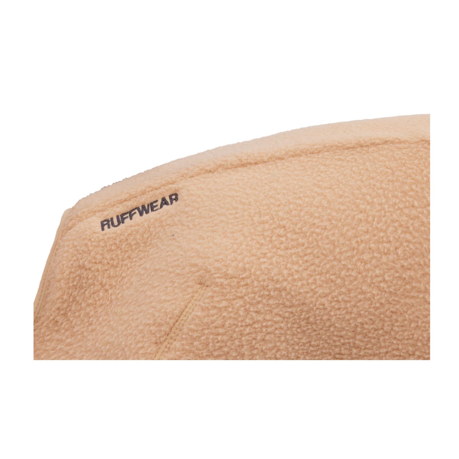 Close-up of Ruffwear branding on Timberline Fuse fleece vest in Driftwood