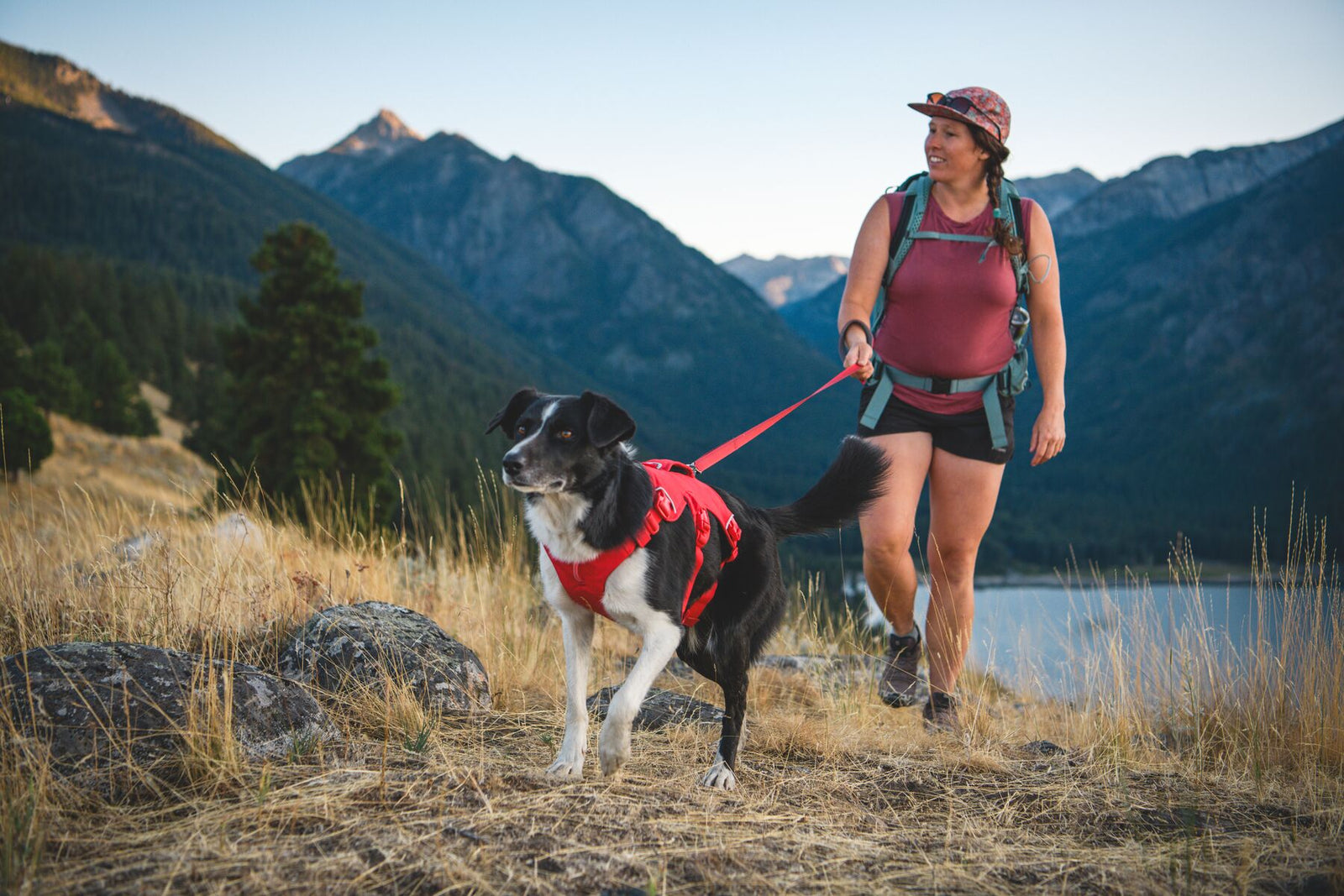 Woman hiking with a black and white dog wearing the Ruffwear Web Master harness in Red Canyon, mountain lake and peaks visible behind them, connected by a red lead