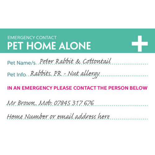 Back of the My Pets Are Home Card with example details filled in, showing fields for pet name, pet info, and emergency contact