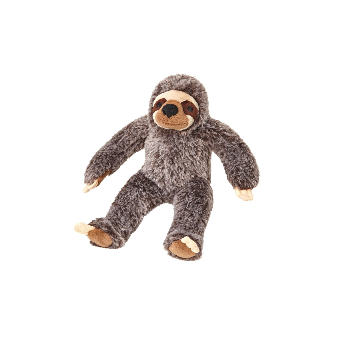 Fluff and Tuff Sonny Sloth plush dog toy in grey and cream with long arms on white background