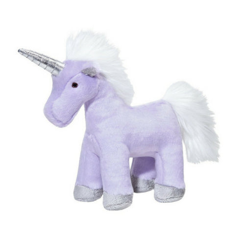 Fluff and Tuff Violet Unicorn plush dog toy in lilac with white mane and silver horn on white background