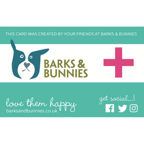 Front of the My Pets Are Home Card showing the Barks & Bunnies logo and teal design