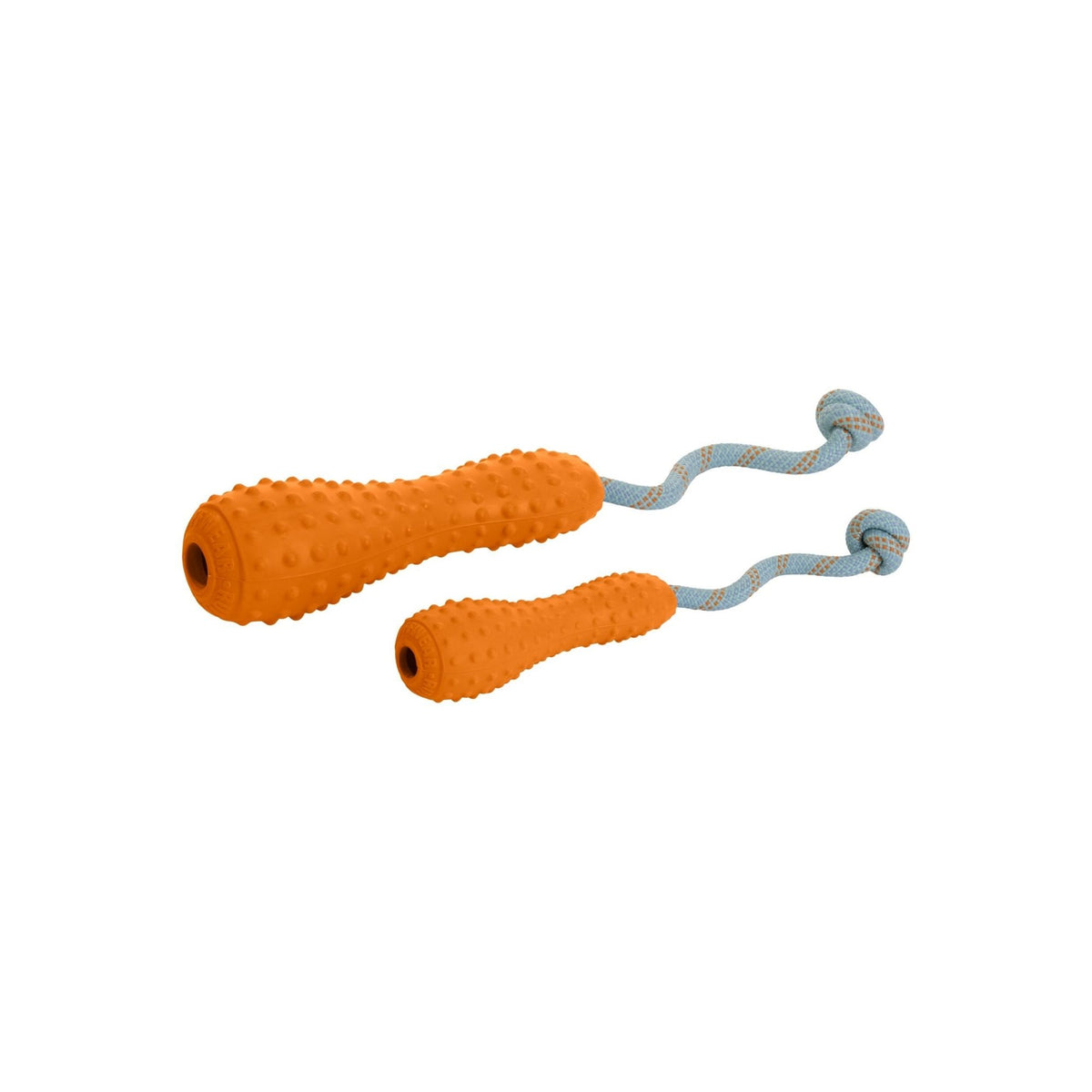Ruffwear Gourdo dog toy in Campfire Orange shown in Small and Large sizes side by side, natural latex rubber fetch and tug toy with kernmantle rope handle, size comparison on white background