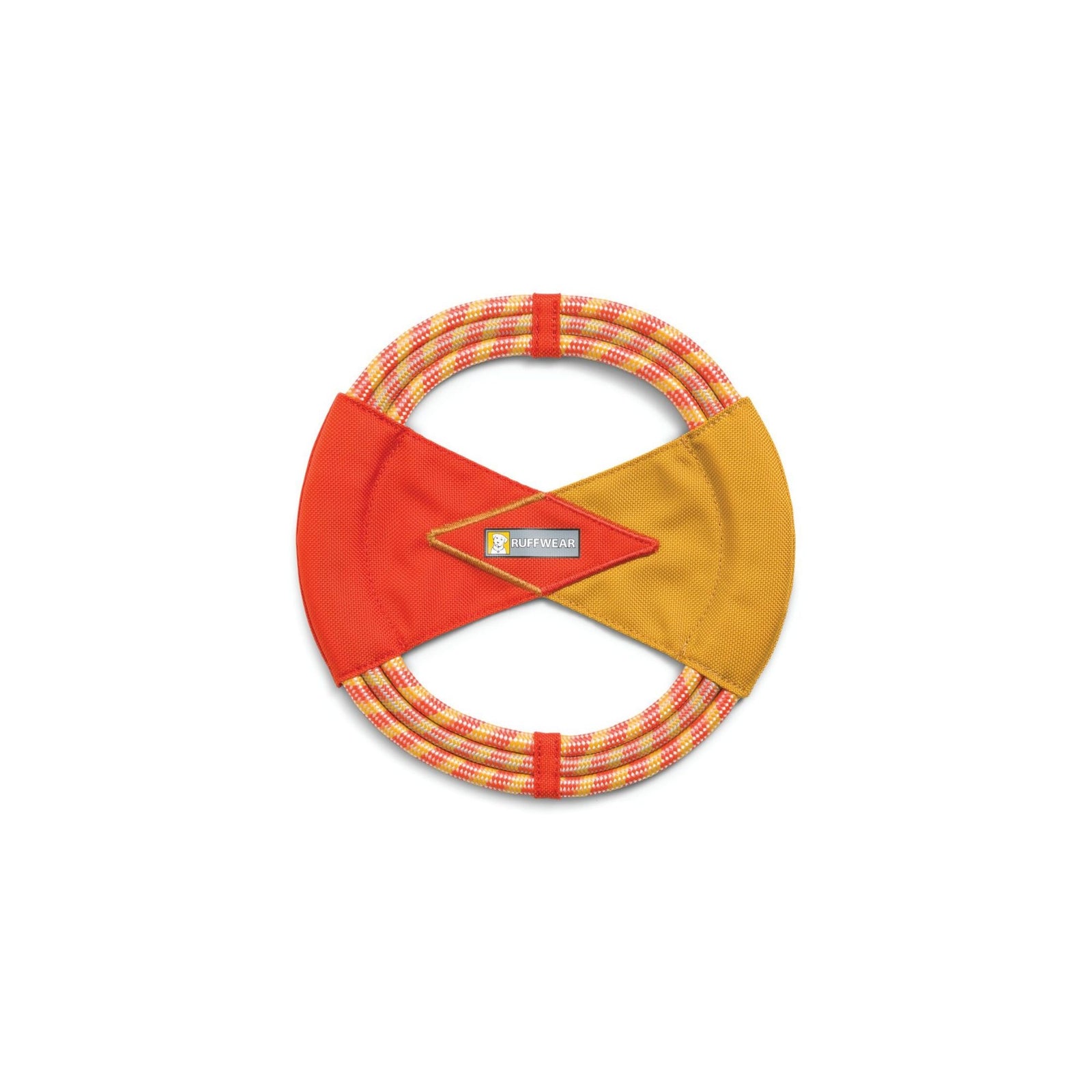 Ruffwear Pacific Ring toy in Sockeye Red - rope ring with red and gold ballistic nylon panels and Ruffwear badge, on white background