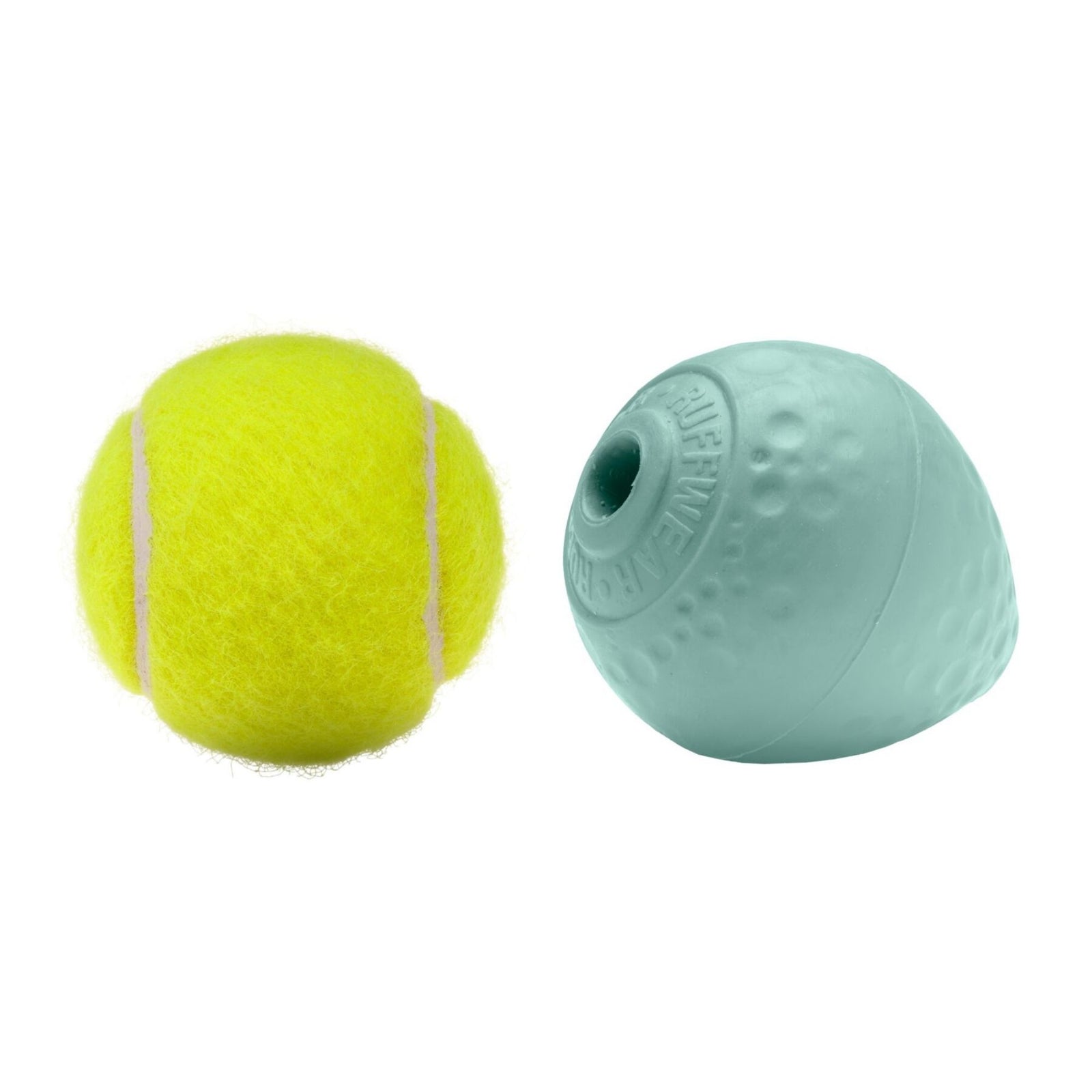 Ruffwear Turnup dog toy in Sage Green shown alongside a yellow tennis ball to demonstrate similar size, white background