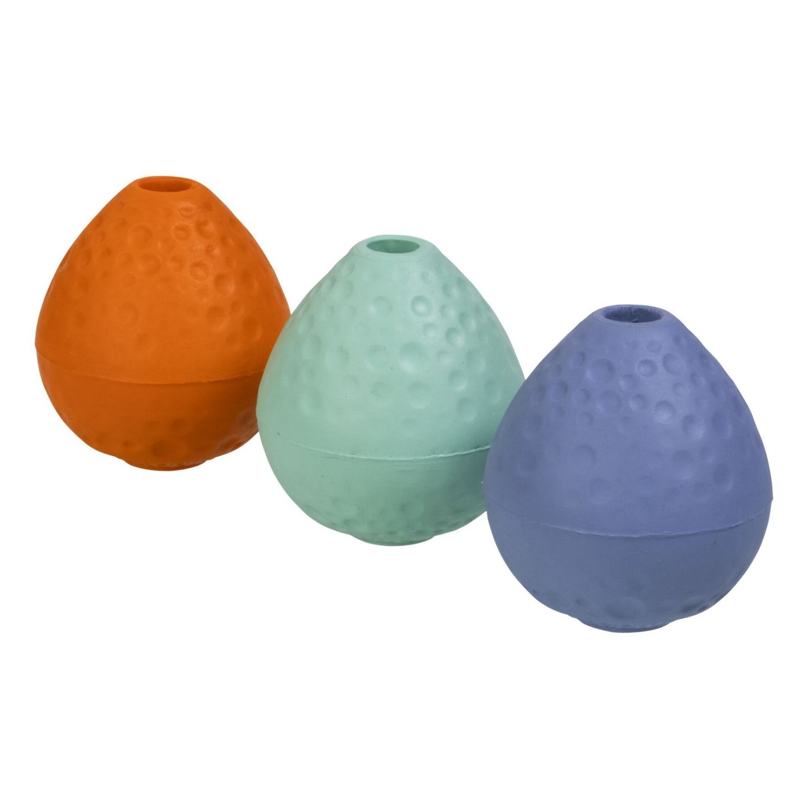 Ruffwear Turnup dog toys in all three colours - Sage Green, Campfire Orange and Heliotrope Purple - arranged together on white background